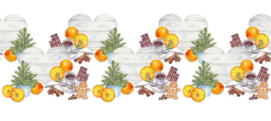Watercolor seamless border with Christmas gingerbread man chocolate and orange and wood board with copy space on white background. New Year heart and tree and food condiment. Cookie rim for wallpaper