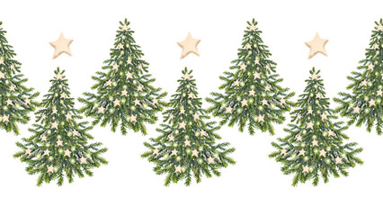 Watercolor seamless border with Christmas tree with gold garland on white background. Forest evergreen fir or pine for sticker or card. Hand-drawn rim for New Year celebration wrapping or wallpaper