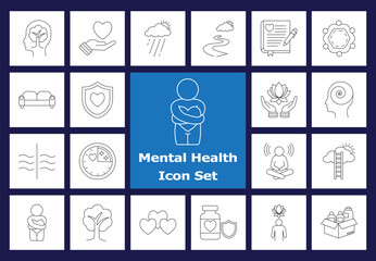 Mental Health Line Icons: Wellness, Stress, Mind, Therapy, Self-Care, Happiness, Meditation, Anxiety, Support, Lotus, Heart, Protection, Emotional Balance Vector Kit