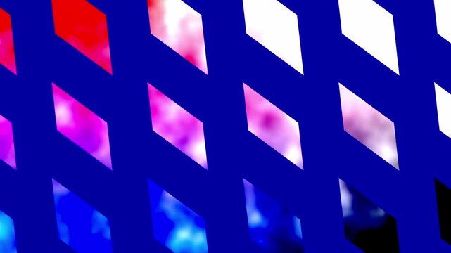 Abstract geometric pattern with colorful gradient parallelograms on a vibrant blue background, creating a modern and dynamic visual texture for digital designs and art projects