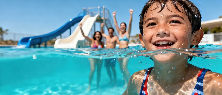 Happy boy swimming in pool with friends celebrating joyfully in background, enjoying summer leisure time together, creating unforgettable memories of childhood fun