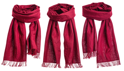 Three crimson-red scarves with frayed edges, displayed with a transparent background, capturing details of the fabric