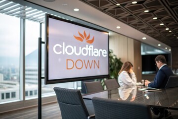 Woman and colleagues react to Cloudflare outage on meeting screen
