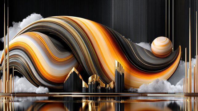 A dynamic, abstract sculpture with flowing lines in orange, black, and white, set against a backdrop of vertical black lines and fluffy white clouds. Geometric
