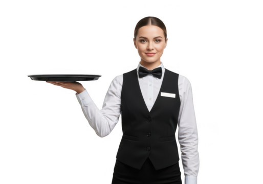 Young smiling female waiter in formal uniform holding an empty serving tray for hospitality service