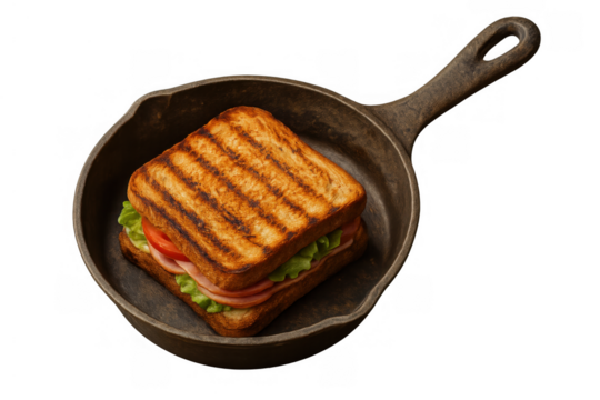 Grilled ham and cheese sandwich in a cast iron skillet. Preparing a classic toasted snack for breakfast or lunch