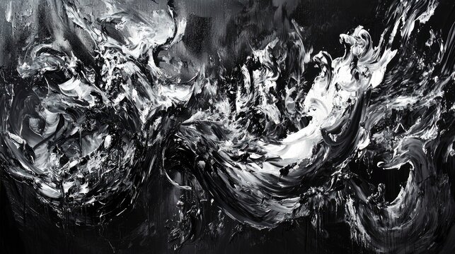 An abstract painting featuring dynamic, textured swirls of black and white paint. The textures are thick and impasto, creating a sense of movement and depth aga