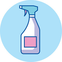 Spray bottle cleaning product with pink label and blue spray nozzle on a light blue circular background with a transparent background