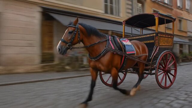 A brown horse pulling an ornate, empty, old-fashioned carriage on a cobblestone street in a historic town.