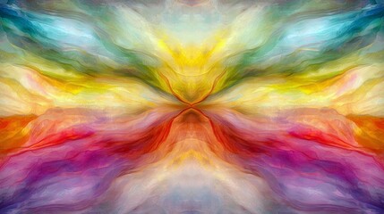 A symmetrical, abstract composition featuring flowing, layered waves of vibrant colors including red, yellow, green, blue, and purple, creating a sense of movem