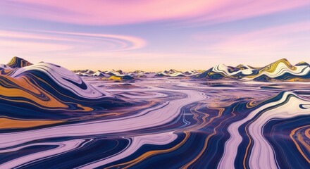 Surreal landscape with marbled mountains and a soft, ethereal sky at twilight casting a dreamlike