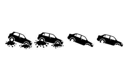 Four black car silhouettes stuck in mud and sand on white background vehicle