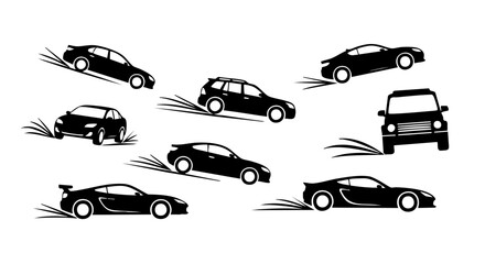 Black car icons with motion lines on white background automobile vehicle