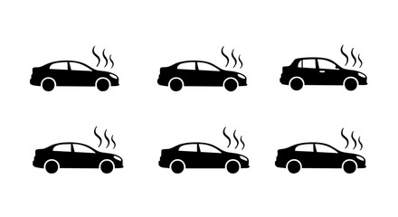 Six black car icons with steam rising from hoods on white background automobile vehicle