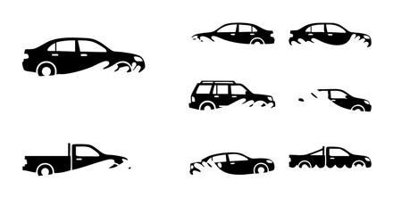 Collection of black car silhouettes partially submerged in water splashes vehicle flood