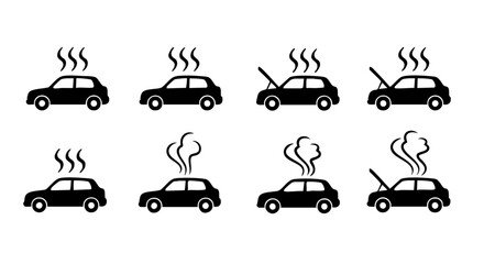 Black car icons showing steam rising from engine and hood open automobile vehicle