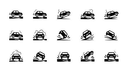 Car accident icons showing vehicles in various states of collision and loss of control on a white background