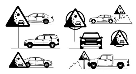 Collection of warning signs for falling rocks and cars on roads falling rocks warning sign rockfall hazard