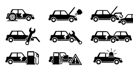 Car trouble icons flat black silhouette set broken down vehicle repair tow truck fuel emergency vector