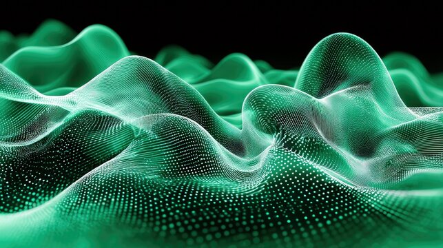 A 3D rendered abstract landscape composed of numerous small green dots forming undulating waves and peaks against a black background. The lighting creates a glo