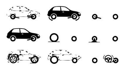 Black and white car icons showing tire change and steering wheel vehicle automobile