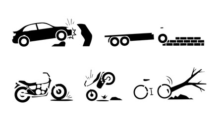 Car crash into barrier motorcycle accident fallen tree bicycle collision trailer hitting wall impact