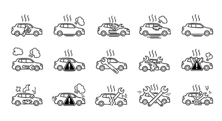 Car repair and breakdown icons with steam and warning signs vehicle mechanic