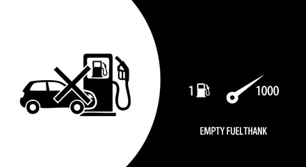 Black and white graphic of car at gas pump with cross symbol and empty fuel gauge gas station fuel pump