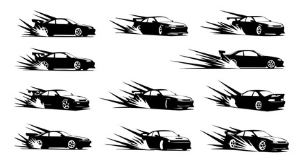 Black silhouette sports cars drifting with speed lines on white background vector