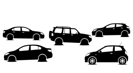 Five black car silhouettes with flat tires on a white background vehicle automobile