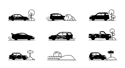 Collection of nine black and white line art icons depicting various vehicles and outdoor scenes car icon