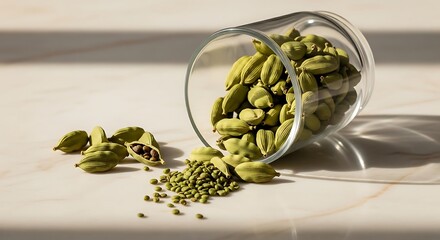 Aromatic Green Cardamom Pods and Seeds Spilling from Glass on Marble Surface