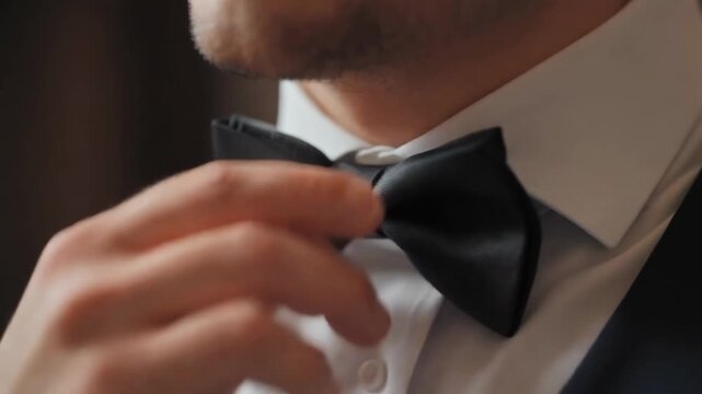 Close-up of a man's hands adjusting a black bow tie on a white shirt, preparing for a formal event.