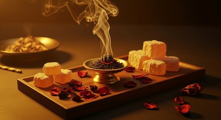 Elegant Still Life with Turkish Delight, Incense, and Rose Petals
