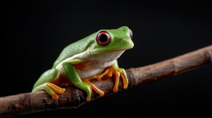 Obraz premium Green Frog Perched on a Branch Against a Black Background