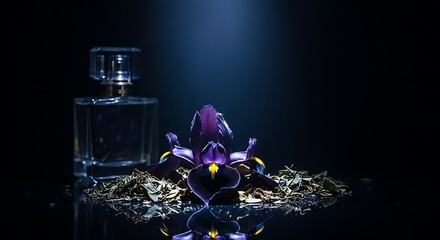 Luxury Perfume Bottle with Purple Iris Flower and Tea Leaves on Dark Background