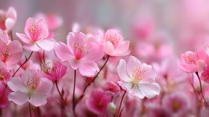 Obraz premium Delicate pink flowers in soft focus against a dreamy backdrop.