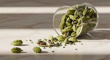 Close-up of Green Cardamom Pods Spilled from a Glass on a Marble Surface
