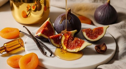 Elegant Still Life with Figs, Honey, Vanilla, and Dried Apricots on Marble Slab