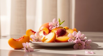 Fresh Sliced Peaches with Pink Blossoms on a White Plate, Still Life