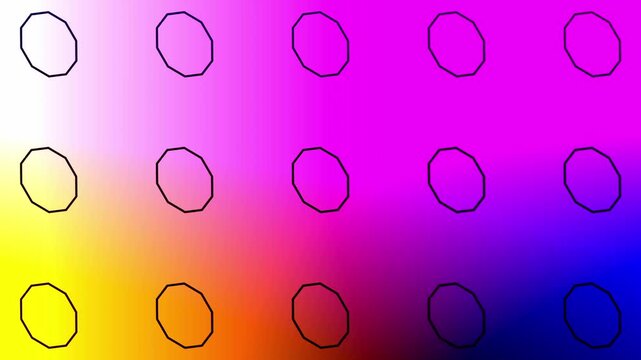 Abstract geometric pattern featuring a grid of simple black decagon outlines on a colorful gradient backdrop, blending yellow, magenta, and blue hues