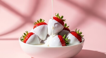 Fresh Strawberries Dipped in White Chocolate, Pink Background