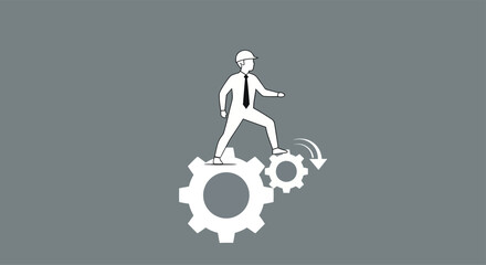 Businessman in hard hat steps confidently over turning gears, symbolizing progress and problemsolving in a modern industrial setting, conveying determination and innovation.