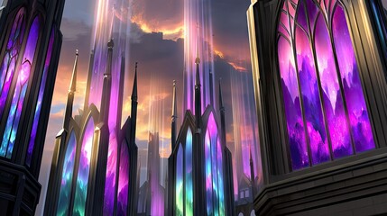 A majestic gothic architectural structure with ornate stained glass windows displaying vibrant purple and pink hues, illuminated by dramatic light rays piercing