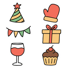 Party hat mitten bunting gift wine glass cupcake cheerful celebration