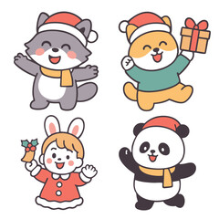 Cute animal characters wearing Santa hats, smiling, celebrating Christmas with festive joy