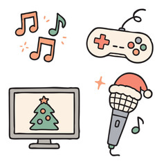 Christmas music note, game controller, television with Christmas tree, and festive microphone