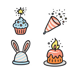 Cupcake, party hat, cake, and party horn with festive decorations and cheerful celebration vibes
