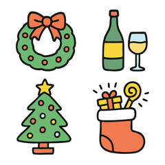 Christmas wreath, wine bottle, Christmas tree, stocking with gift, festive, colorful, cheerful