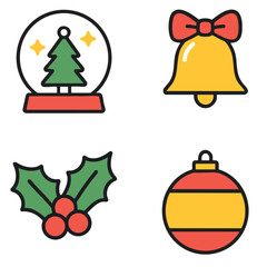 Christmas tree snow globe, yellow bell with red bow, holly leaves, festive ornament